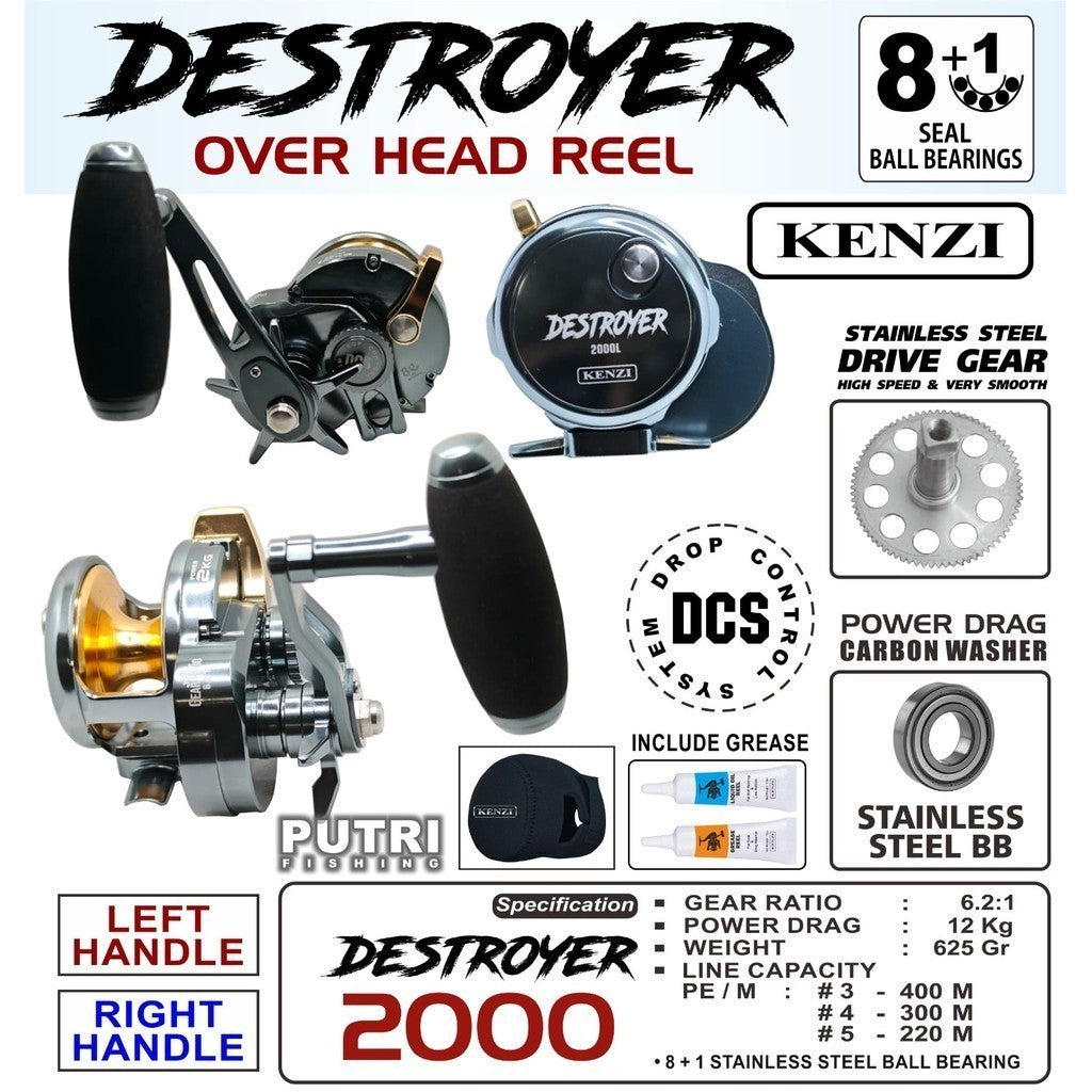 KENZI DESTROYER Overhead Reel 1500 2000 3000 Reel Pancing Laut Kuat 8+1BB Drag 10-12Kg Left/Right Handle Stainless Steel Drive Gear