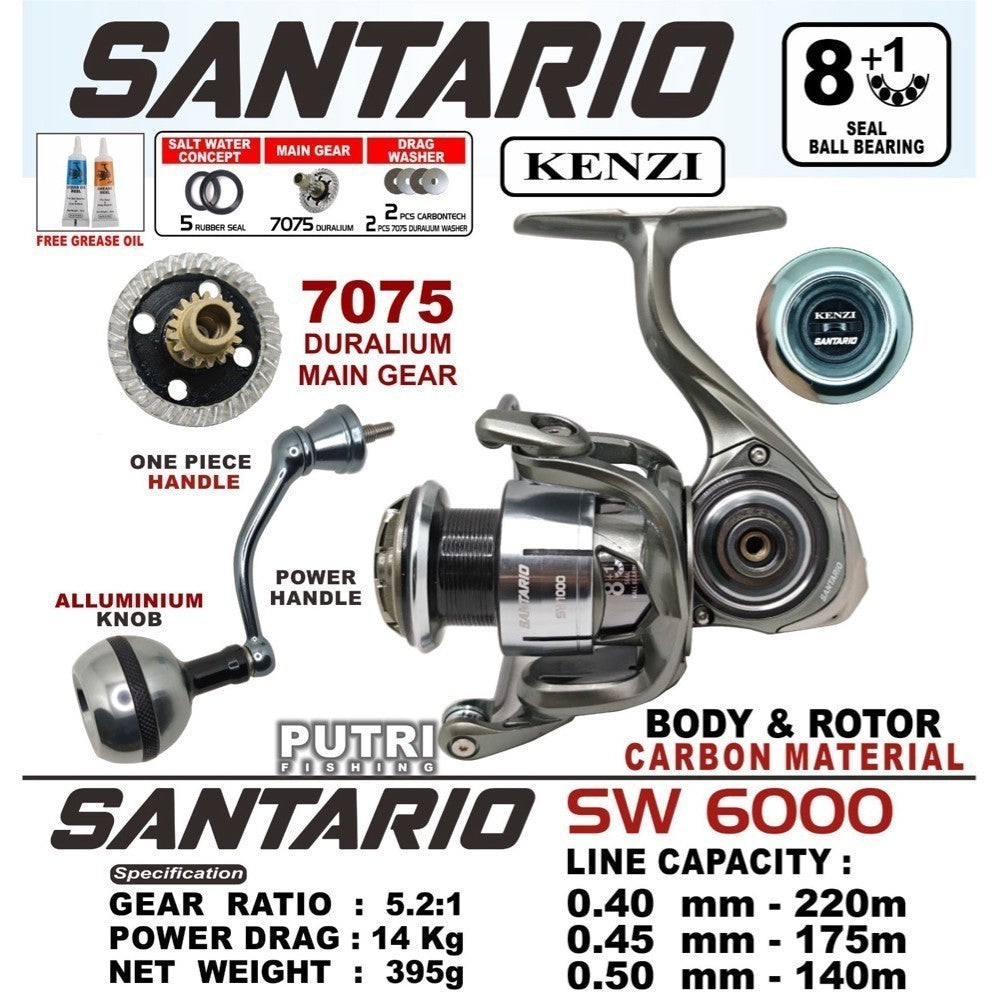 KENZI SANTARIO SW REEL 1000 2000 3000 4000 6000 FULL CARBON BODY GEAR DURALIUM 7075 8+1 BB Spinning