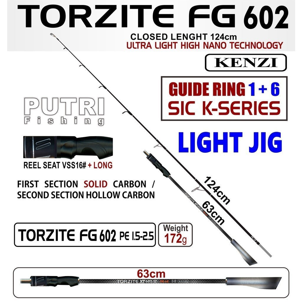 KENZI TORZITE FG Light Jigging Solid Carbon 602 PE1-2 PE1.5-2.5 Spinning - Joran Stik Pancing