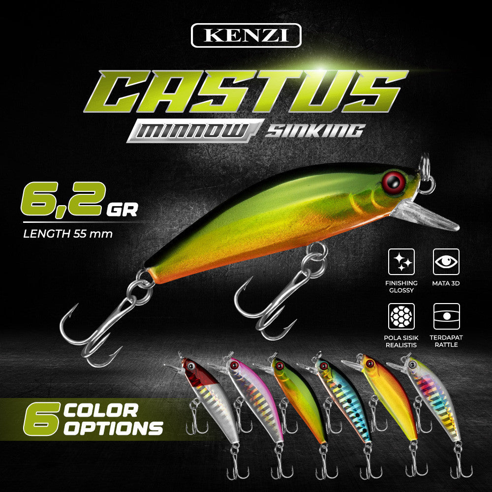KENZI CASTUS  55mm 62gr - Umpan Pancing MINNOW SINKING Lure Mancing Tiruan Ikan Air Laut & Tawar Hard Bait