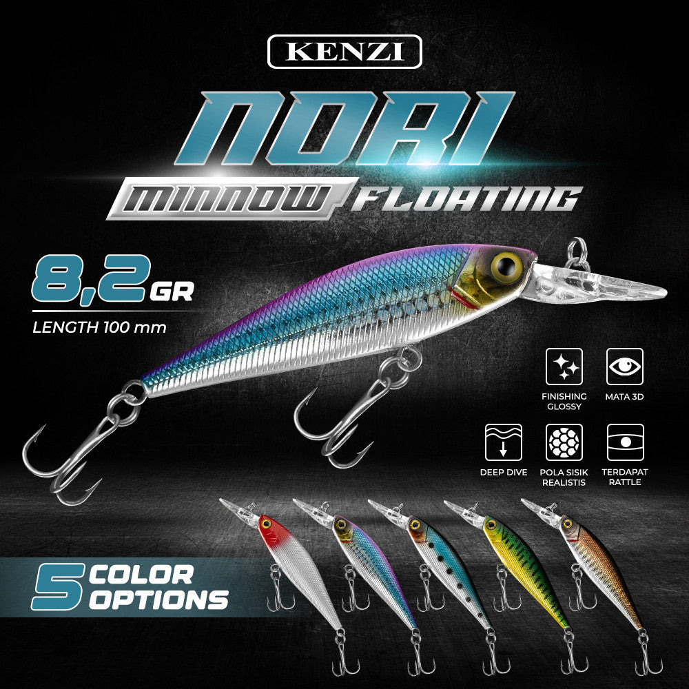 KENZI NORI  100mm 8.2gr - Umpan Pancing MINNOW FLOATING Lure Mancing Tiruan Ikan Air Laut & Tawar Hard Bait