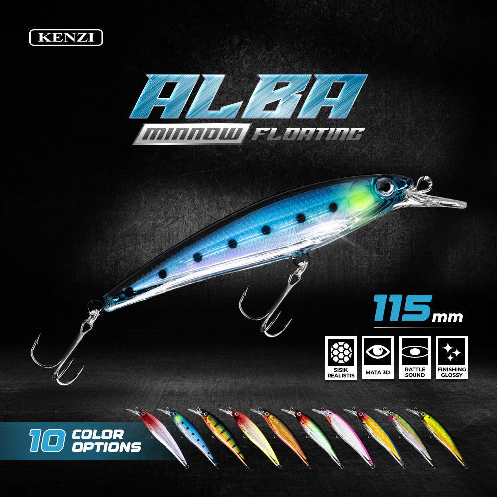 KENZI ALBA LURES Floating Minnow 115mm Umpan Pancing Casting Barramundi GT MJ Floating Hampala Sebarau Minnow