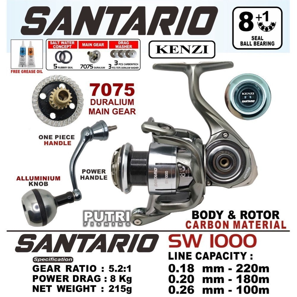 KENZI SANTARIO SW REEL 1000 2000 3000 4000 6000 FULL CARBON BODY GEAR DURALIUM 7075 8+1 BB Spinning