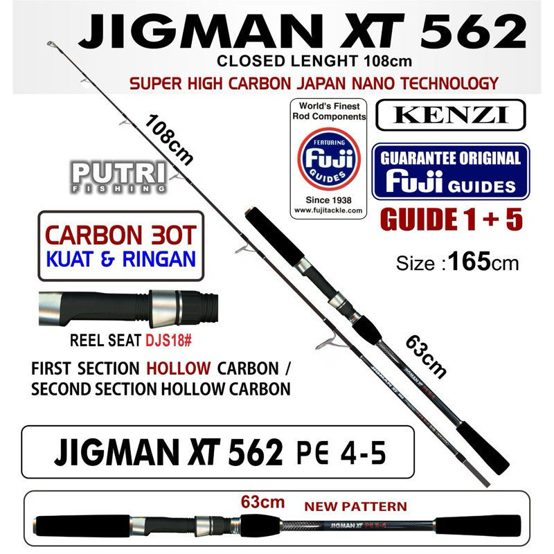 KENZI JIGMAN XT 562 Fuji Guides Hollow Carbon PE2-3 PE3-4 PE 4-5 Jigging Spinning - Joran Stik Pancing