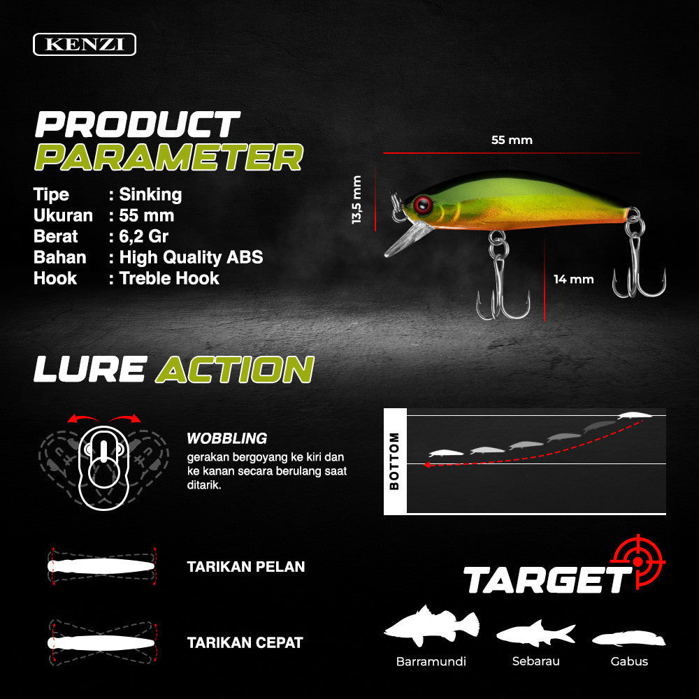 KENZI CASTUS  55mm 62gr - Umpan Pancing MINNOW SINKING Lure Mancing Tiruan Ikan Air Laut & Tawar Hard Bait