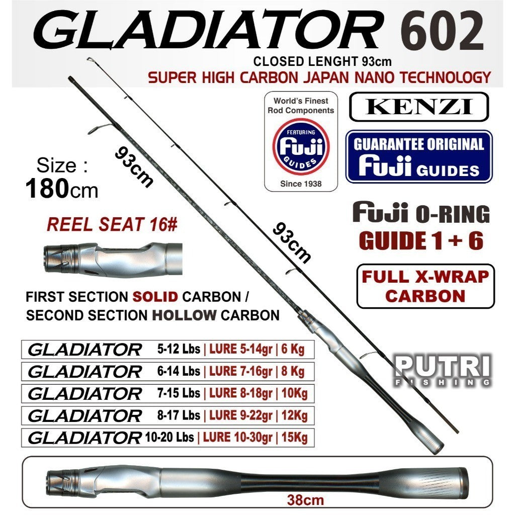 JORAN KENZI GLADIATOR 602 Spinning Solid Carbon Full X-Wrap Fuji Guides 5-12lbs 6-14lbs 7-15lbs 8-17lbs 10-20lbs Casting