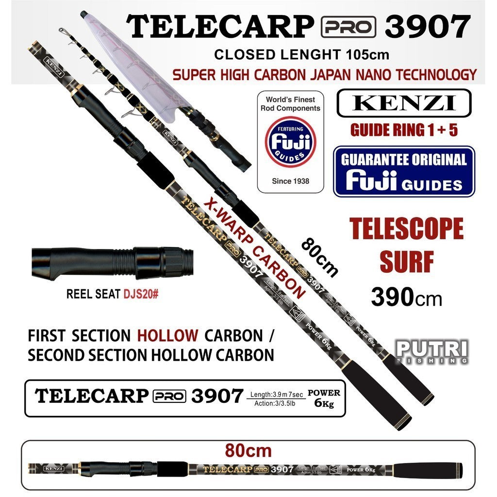 KENZI TELECARP PRO 3907 Joran Pasiran 3.9 Meter Japan Nano Technology Full X Warp Carbon Teleskopik