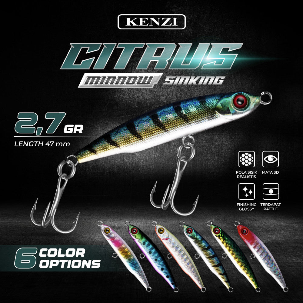 Umpan LURE KENZI CITRUS 47mm 2.7gr - SINKING MINNOW MICRO Lures Umpan Pancing Mata 3D Treble Hook