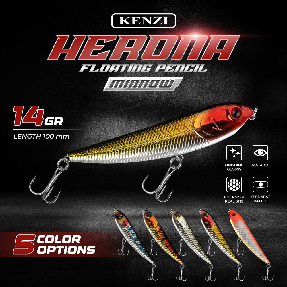 KENZI HERONA LURE 14gr 10cm - Umpan Pancing FLOATING PENCIL MINNOW Ikan Mainan Air Tawar & Laut Hard Bait Lures