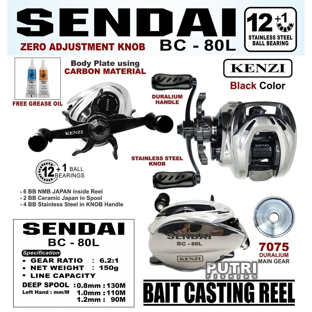 KENZI SENDAI BC - 80L Drag Kuat 7075 Duralium Gear 12+1 Ball Bearing Carbon Body Baitcasting Reel Pancing
