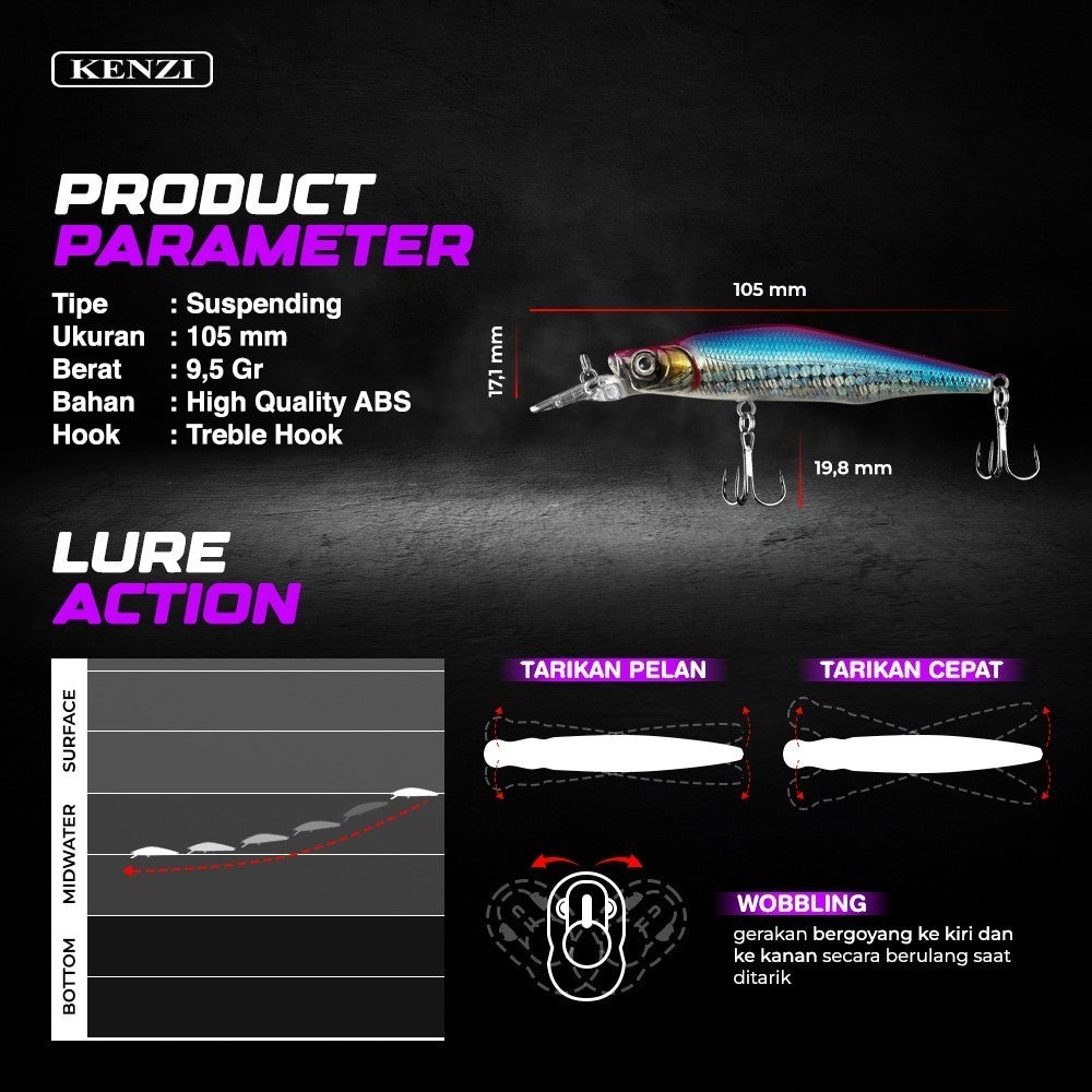 KENZI ASTRO  105mm 9.2gr - Umpan Pancing MINNOW FLOATING Lure Mancing Tiruan Ikan Air Laut & Tawar Hard Bait