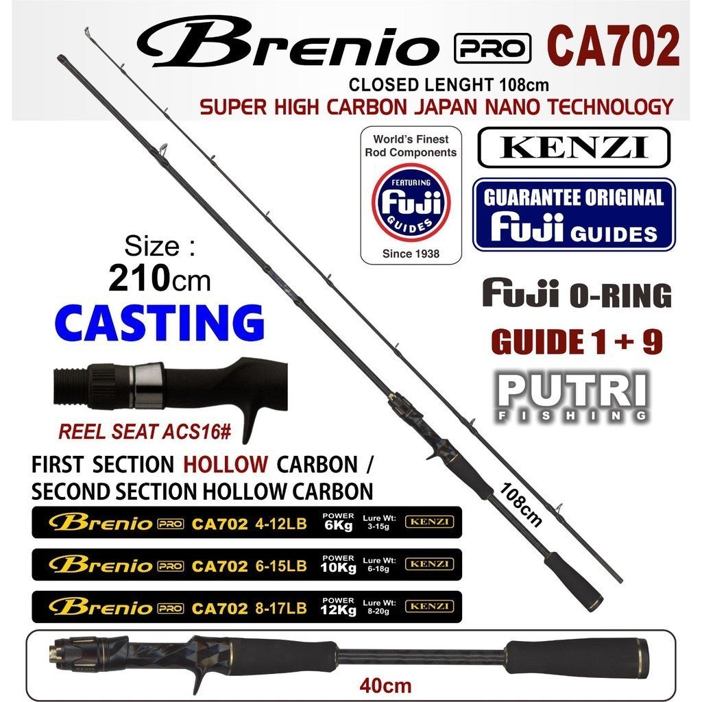 KENZI BRENIO PRO 702 Spinning Baitcasting Hollow Carbon Fuji Guides 4-12lbs 6-15lbs 8-17lbs  BC SPIN - Joran Stik Pancing