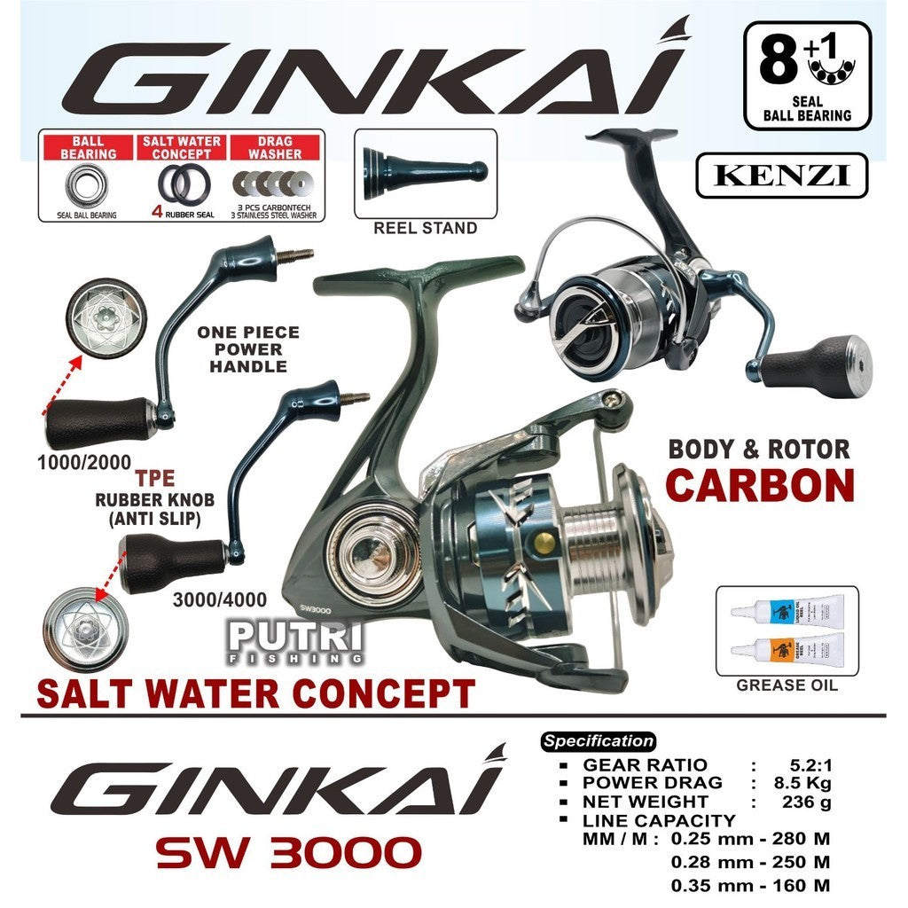 REEL KENZI GINKAI SW Power Handle TPE Knob Full Carbon Body Free Reel Stand 1000 2000 3000 4000