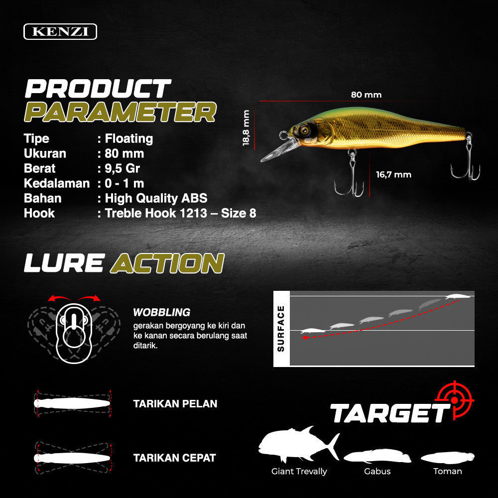 Umpan LURE KENZI COCOA 80mm 9.5gr - MINNOW FLOATING Realistik Umpan Pancing Tiruan Ikan Lures Tajam Kuat