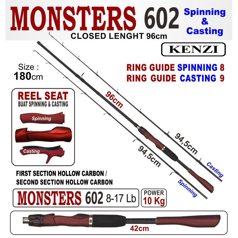 KENZI MONSTERS 602 702 SPINNING BAITCASTING OH 8-17lbs - Joran Stik Pancing
