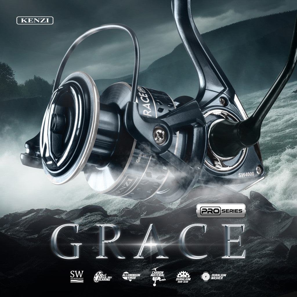 KENZI GRACE PRO SW REEL 2000 3000 4000 Spinning Carbon Body Mirror Paint Premium One Piece Power Handle One Way with Reel Stand - Gulungan Pancing