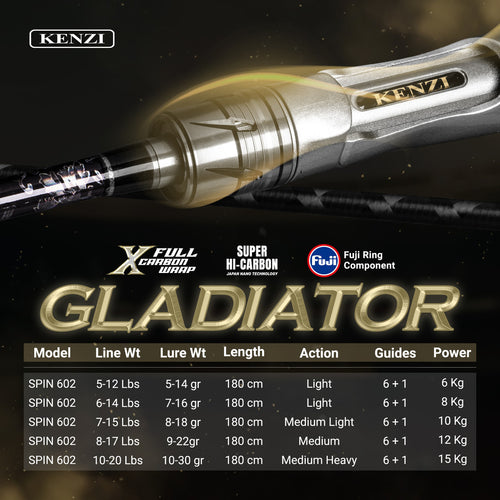 JORAN KENZI GLADIATOR 602 Spinning Solid Carbon Full X-Wrap Fuji Guides 5-12lbs 6-14lbs 7-15lbs 8-17lbs 10-20lbs Casting