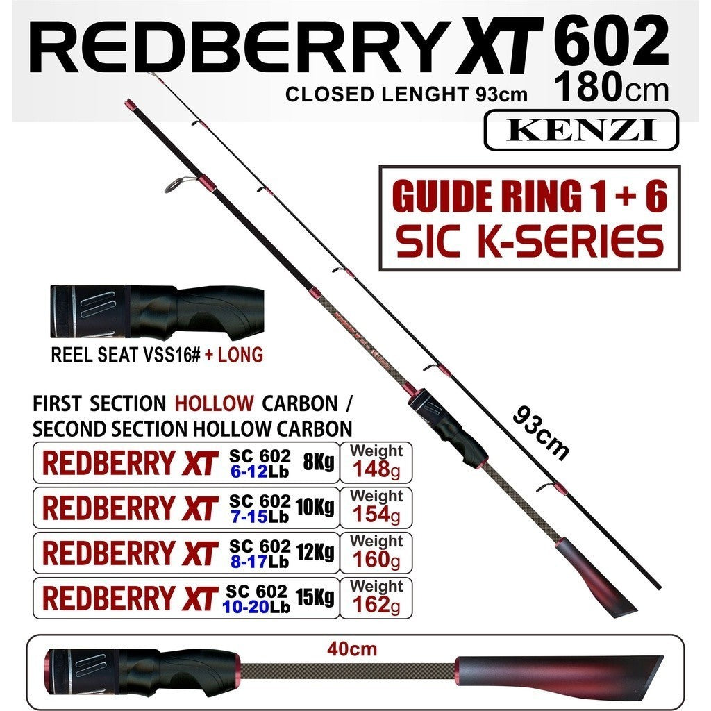 KENZI REDBERRY XT 602 Spinning Hollow Carbon Casting 7-15lbs 8-17lbs 10-20lbs - Joran Stik Pancing
