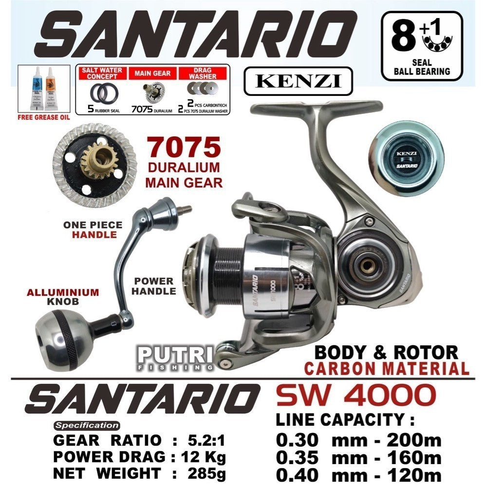 KENZI SANTARIO SW REEL 1000 2000 3000 4000 6000 FULL CARBON BODY GEAR DURALIUM 7075 8+1 BB Spinning