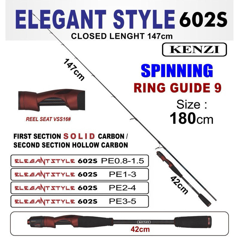 KENZI ELEGANT STYLE 602 SPINNING BAITCASTING Solid Carbon PE0.8-1.5 1-3 2-4 3-5 - Joran Stik Pancing