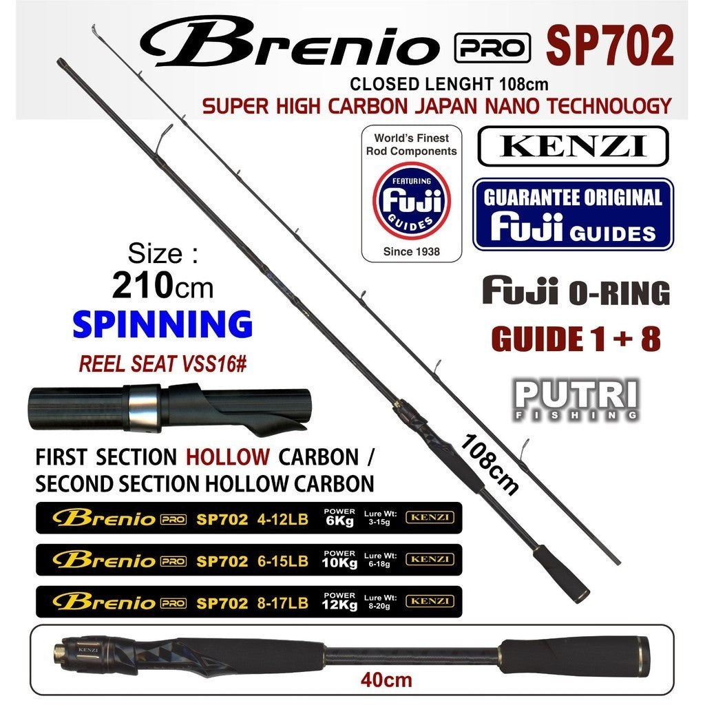 KENZI BRENIO PRO 702 Spinning Baitcasting Hollow Carbon Fuji Guides 4-12lbs 6-15lbs 8-17lbs  BC SPIN - Joran Stik Pancing