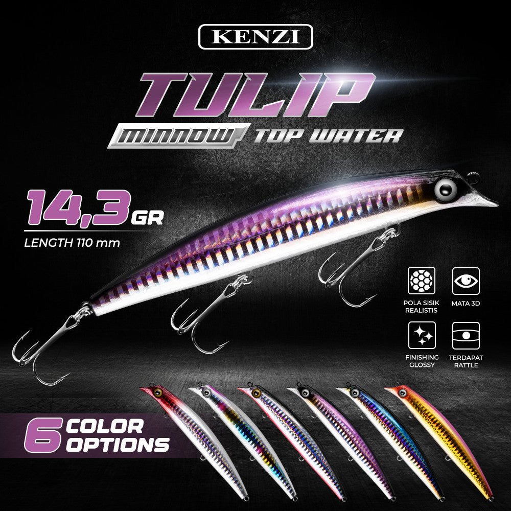 Umpan LURE KENZI TULIP 110mm 14.3gr - Top Water Lures Panjang Realistik Umpan Pancing Air Dangkal with Treble Hook 1213