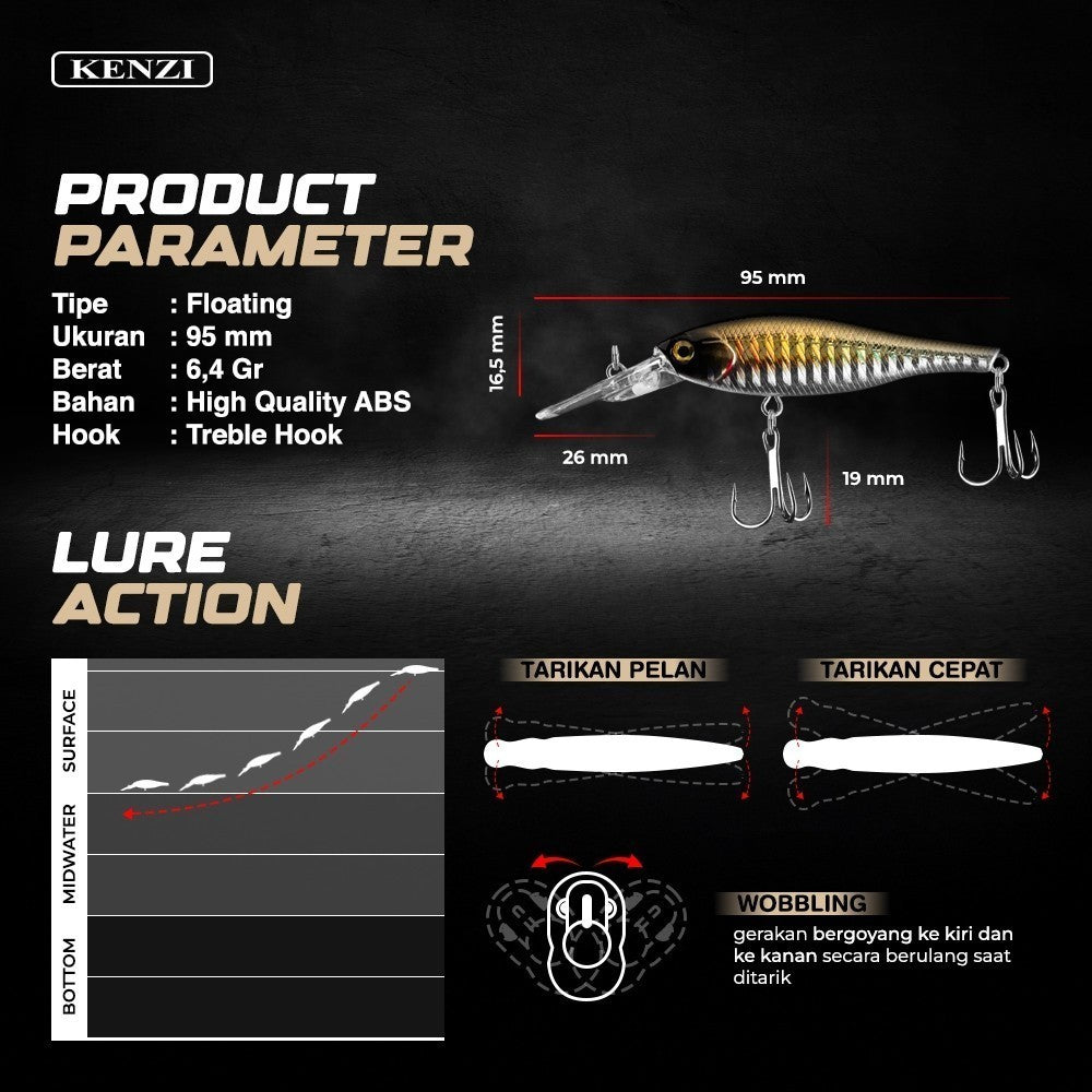 KENZI YOZU  95mm 6.4gr - Umpan Pancing MINNOW FLOATING Lure Mancing Tiruan Ikan Air Laut & Tawar Hard Bait