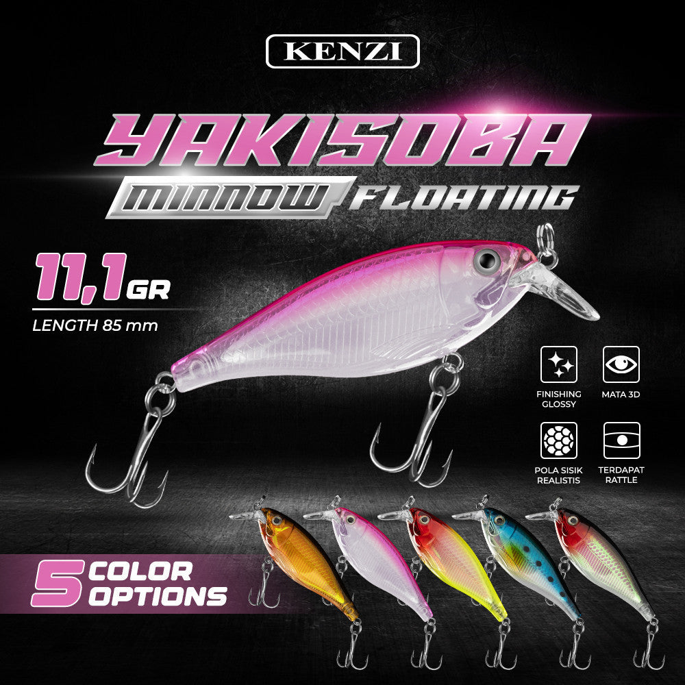 KENZI YAKISOBA  85mm 11.1gr - MINNOW FLOATING Umpan Pancing Lure Mancing Tiruan Ikan Air Laut & Tawar Hard Bait