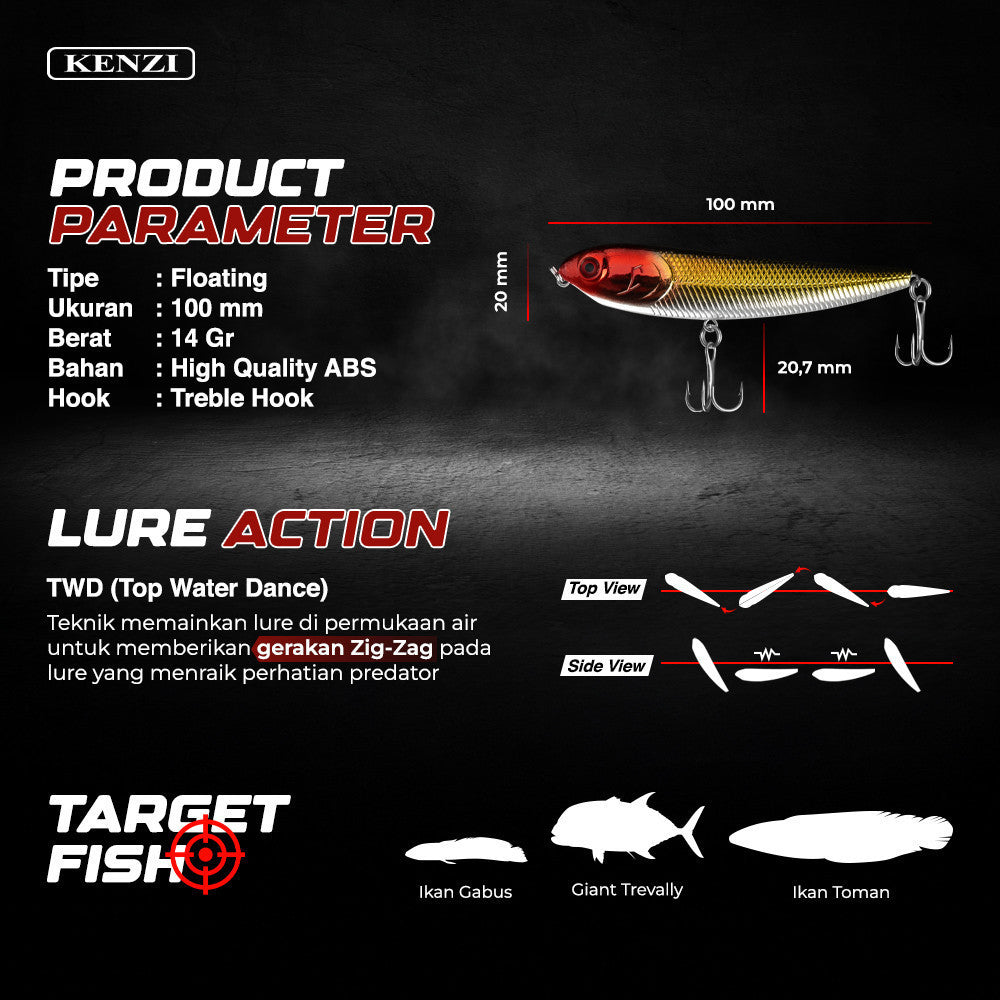 KENZI HERONA LURE 14gr 10cm - Umpan Pancing FLOATING PENCIL MINNOW Ikan Mainan Air Tawar & Laut Hard Bait Lures