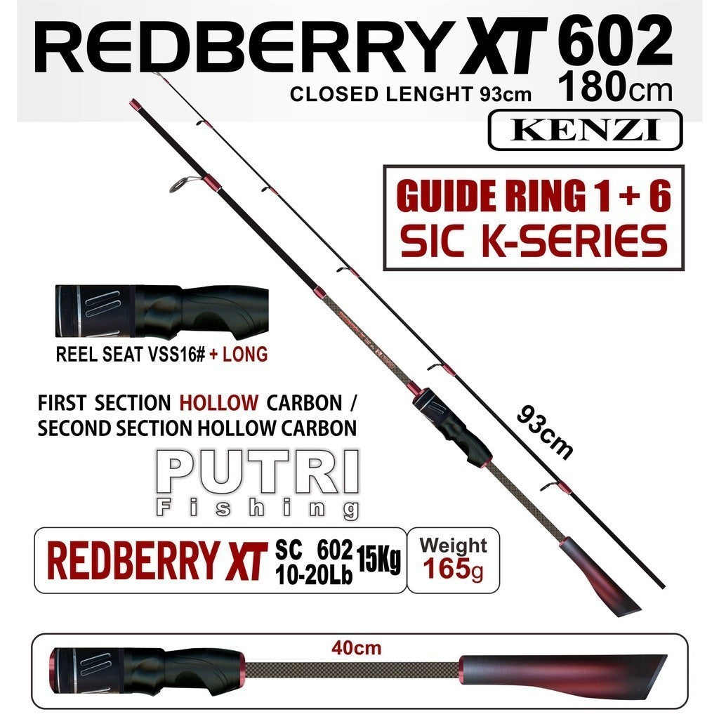 KENZI REDBERRY XT 602 Spinning Hollow Carbon Casting 7-15lbs 8-17lbs 10-20lbs - Joran Stik Pancing