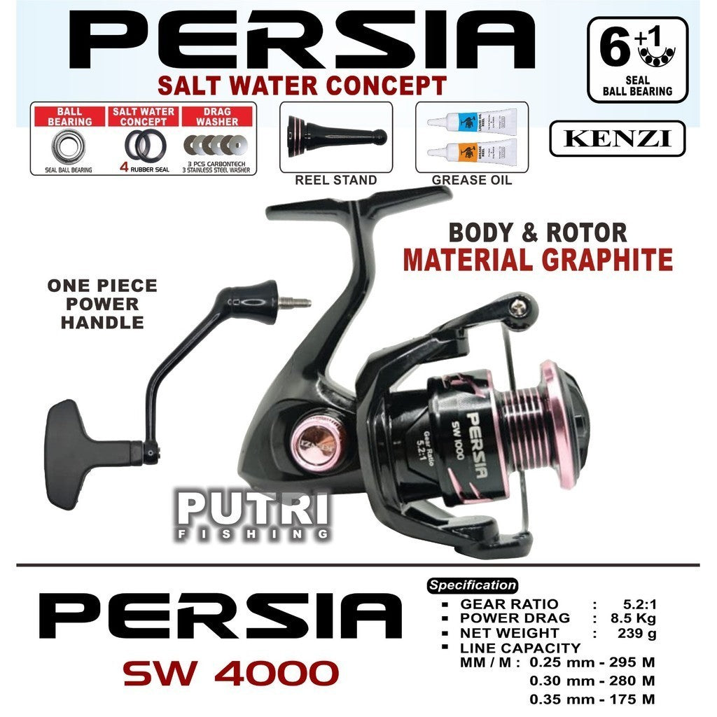 Reel KENZI PERSIA SW 1000 2000 3000 4000 Power Handle Free Reel Stand & Grease Gulungan Pancing