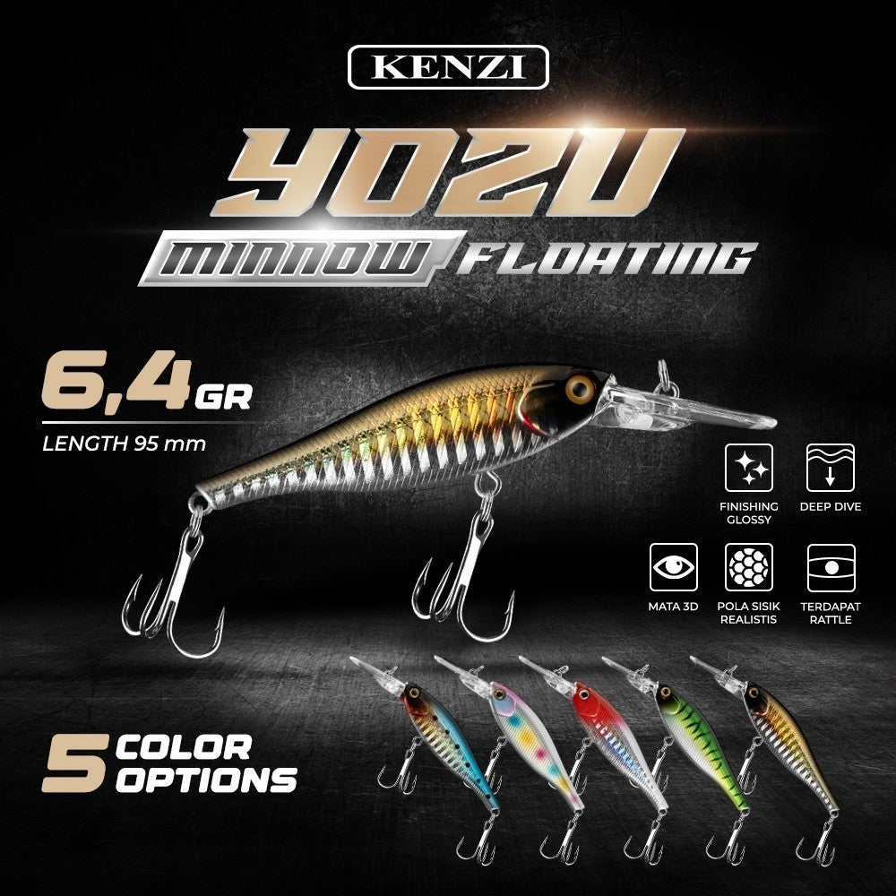 KENZI YOZU  95mm 6.4gr - Umpan Pancing MINNOW FLOATING Lure Mancing Tiruan Ikan Air Laut & Tawar Hard Bait