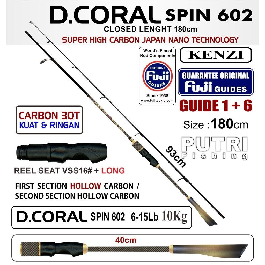 KENZI D'CORAL 602 Fuji Guides Hollow Carbon 6-15lbs 8-17lbs 10-20lbs Spinning - Joran Stik Pancing