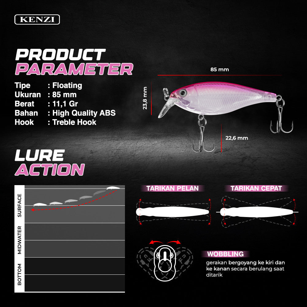 KENZI YAKISOBA  85mm 11.1gr - MINNOW FLOATING Umpan Pancing Lure Mancing Tiruan Ikan Air Laut & Tawar Hard Bait