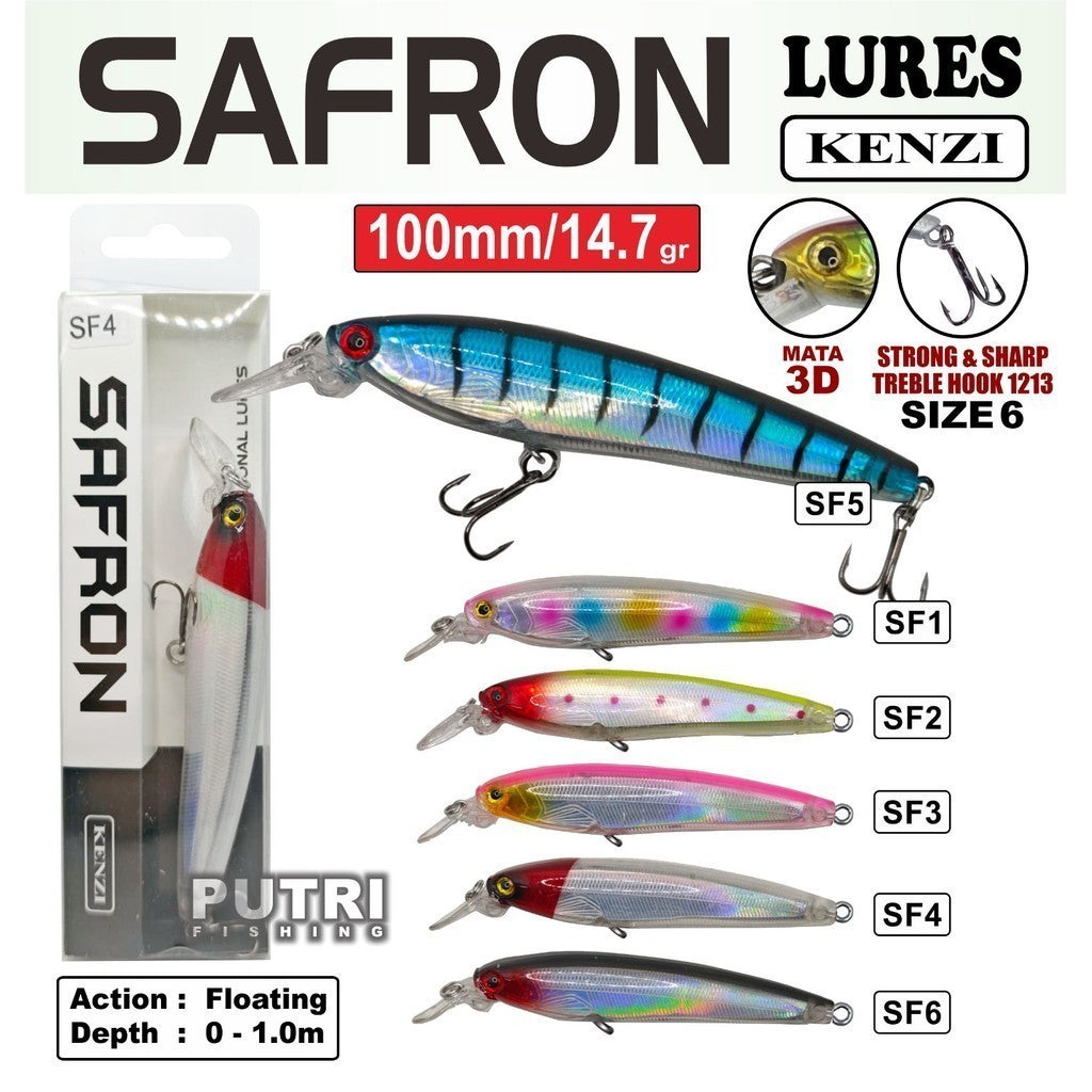 Umpan LURE KENZI SAFRON 100mm 14.7gr - FLOATING Lures Panjang with Treble Hook size 6 Umpan Pancing Gabus & Predator Ikan Air Tawar Laut