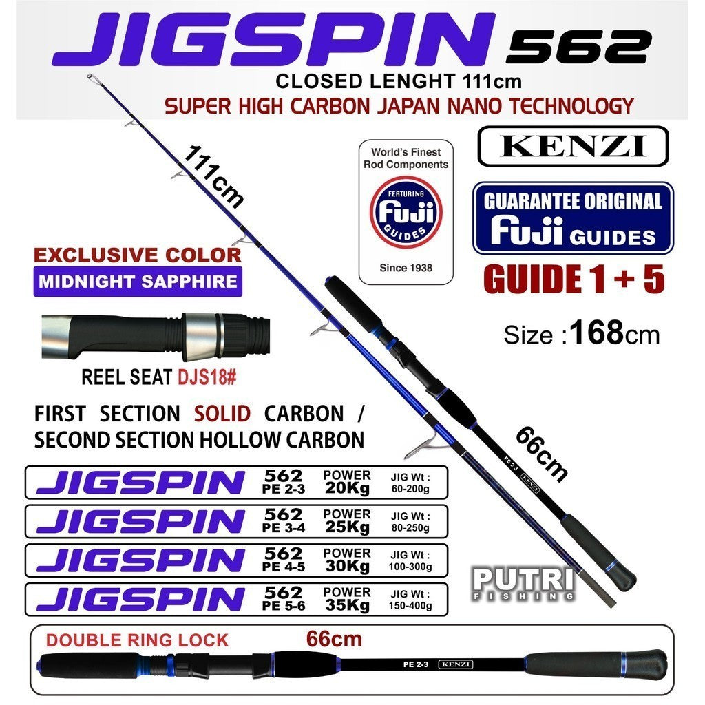 Joran KENZI JIGSPIN 562 Full Fuji Guides Power 35Kg Double Ring Lock Super High Carbon Nano Spinning Jigging Rod