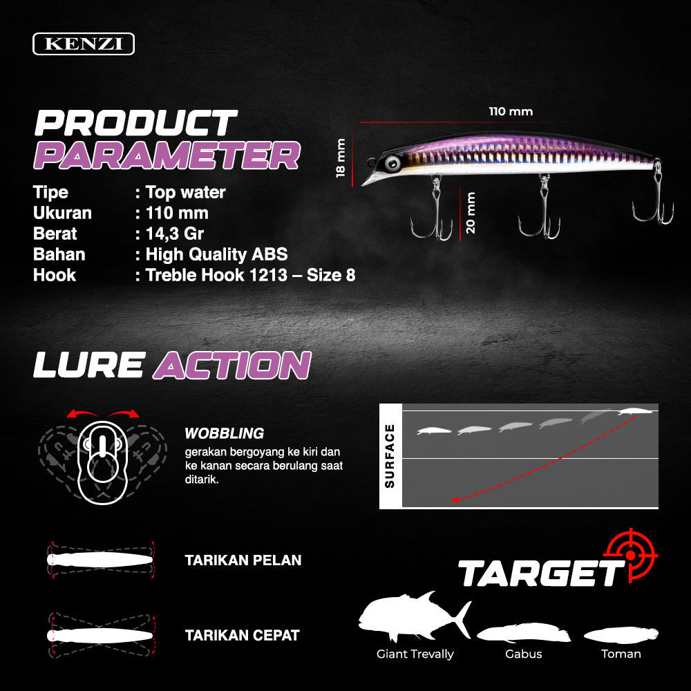 Umpan LURE KENZI TULIP 110mm 14.3gr - Top Water Lures Panjang Realistik Umpan Pancing Air Dangkal with Treble Hook 1213