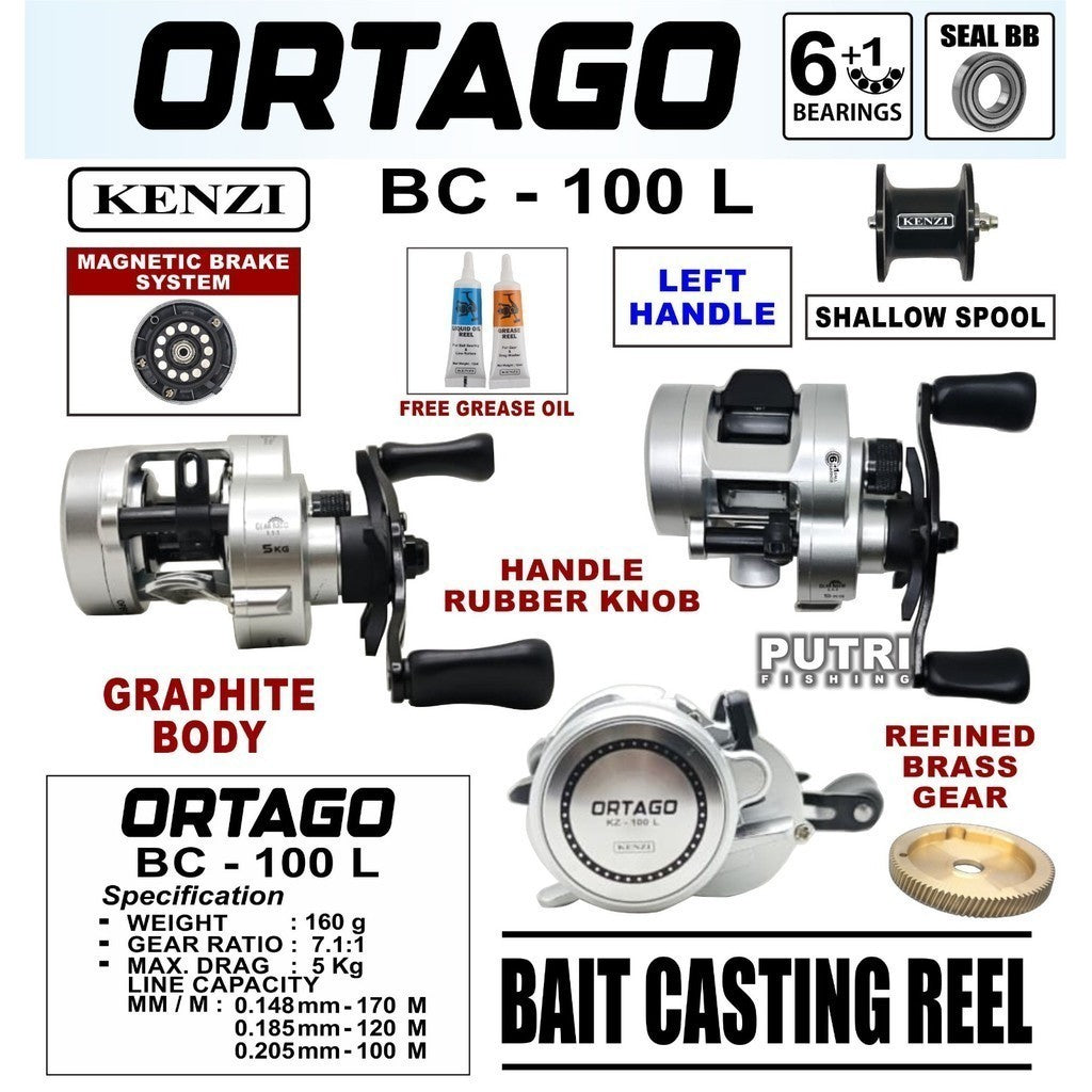 Reel BC KENZI ORTAGO 100L Baitcasting Reel Round Profile Shallow Spool Left Handle