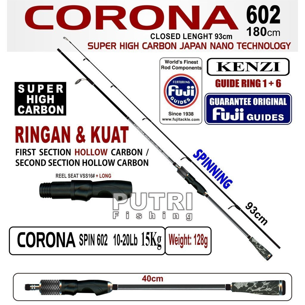 KENZI CORONA 602 SPINNING Fuji Guides Hollow Carbon 6-15lbs 8-17lbs 10-20lbs - Joran Stik Pancing