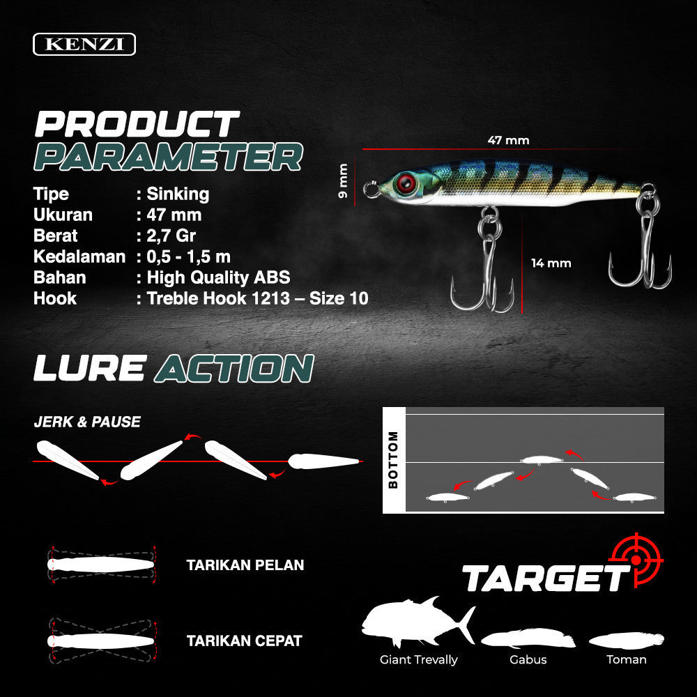 Umpan LURE KENZI CITRUS 47mm 2.7gr - SINKING MINNOW MICRO Lures Umpan Pancing Mata 3D Treble Hook