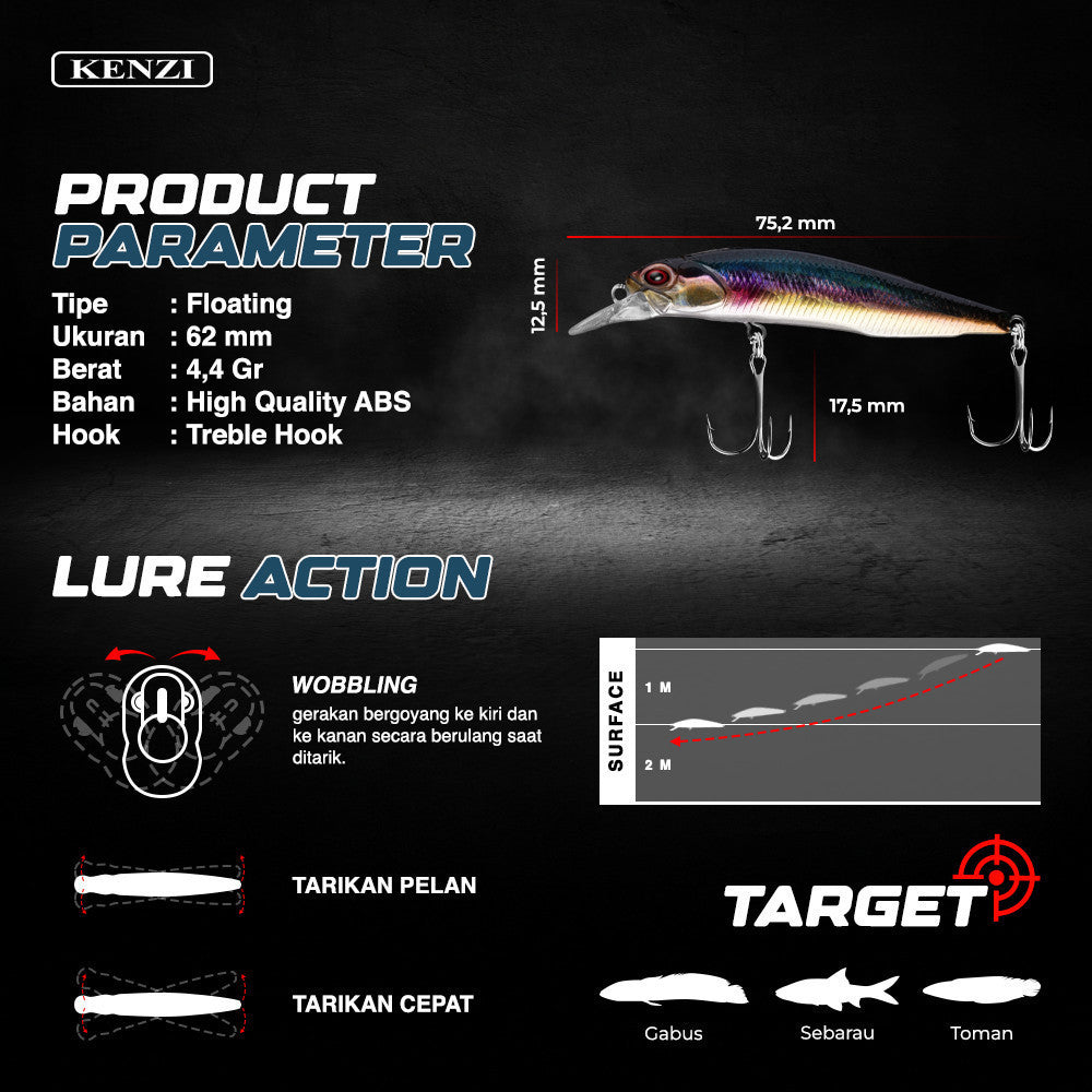 Umpan LURE KENZI AQUOS 62mm 4.4gr - MINNOW FLOATING Umpan Pancing Tiruan Ikan Mainan Lures AIr Tawar & Laut
