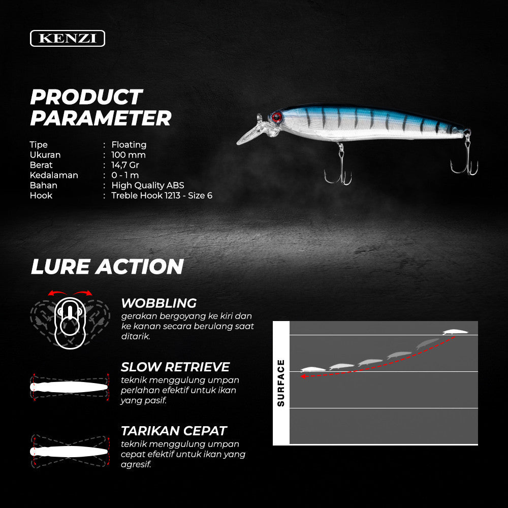 Umpan LURE KENZI SAFRON 100mm 14.7gr - FLOATING Lures Panjang with Treble Hook size 6 Umpan Pancing Gabus & Predator Ikan Air Tawar Laut