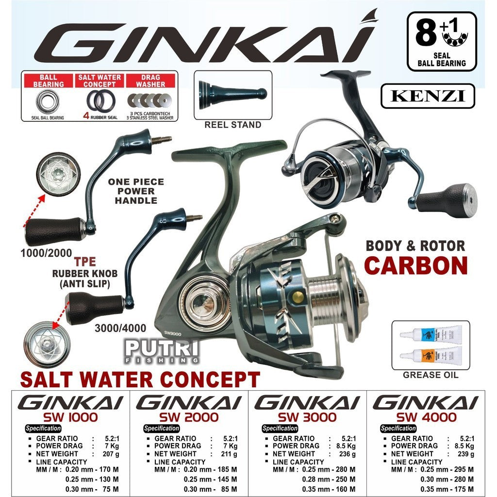 REEL KENZI GINKAI SW Power Handle TPE Knob Full Carbon Body Free Reel Stand 1000 2000 3000 4000