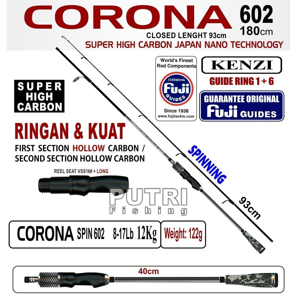 KENZI CORONA 602 SPINNING Fuji Guides Hollow Carbon 6-15lbs 8-17lbs 10-20lbs - Joran Stik Pancing