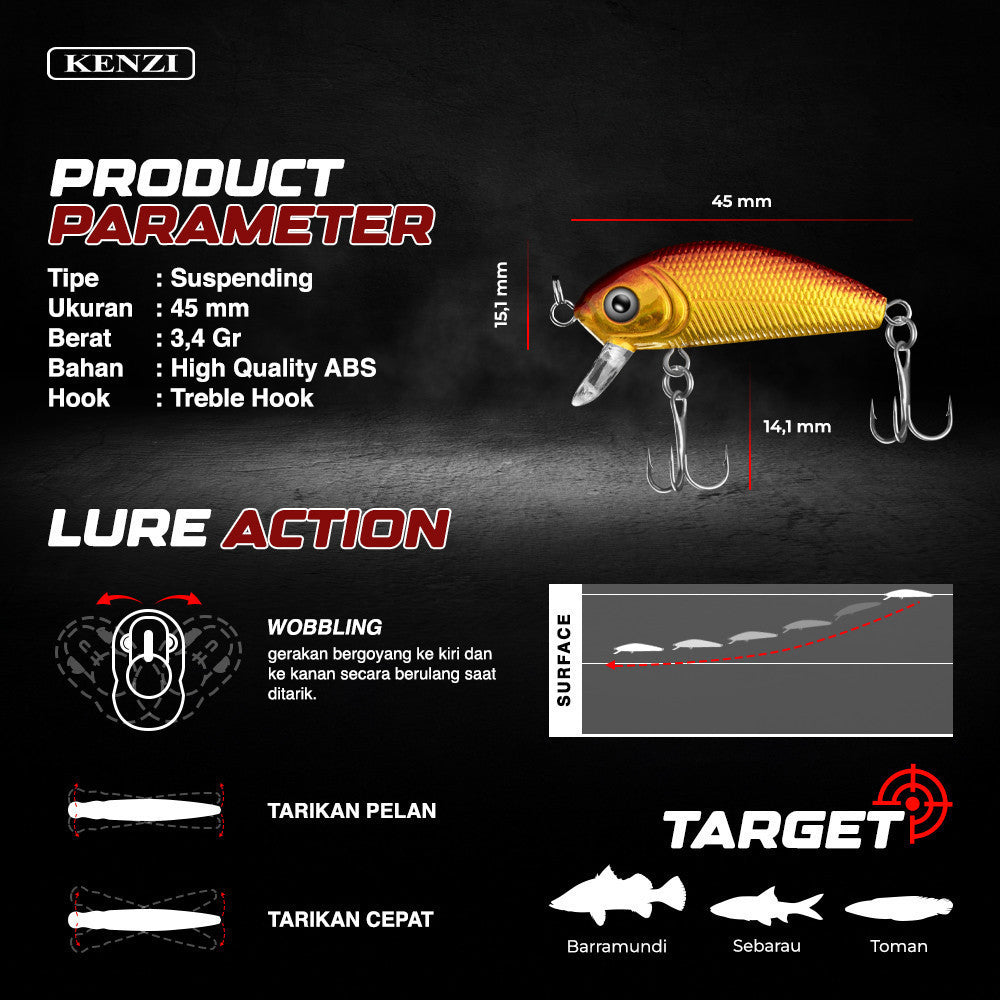 KENZI MURIA 45mm 3.4gr - Umpan Pancing Lure Mancing Tiruan Ikan Air Laut & Tawar Hard Bait