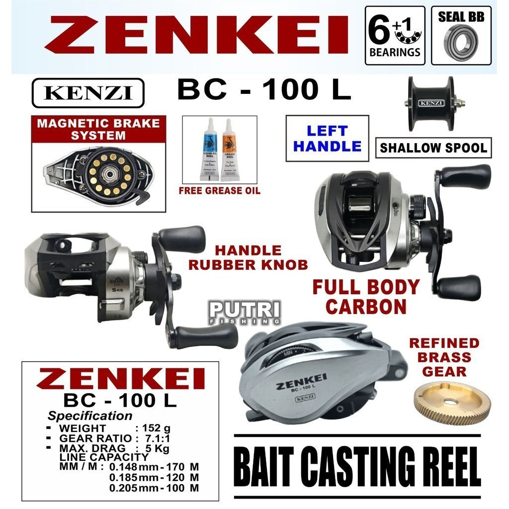 REEL BC KENZI ZENKEI 100L Handle Kiri Magnetic Brake System Ultra Light 152gr Full Body Carbon Reel Pancing Baitcasting