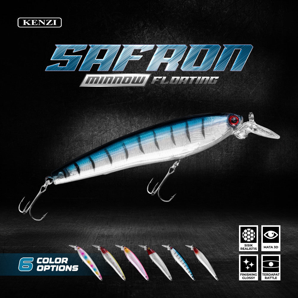 Umpan LURE KENZI SAFRON 100mm 14.7gr - FLOATING Lures Panjang with Treble Hook size 6 Umpan Pancing Gabus & Predator Ikan Air Tawar Laut
