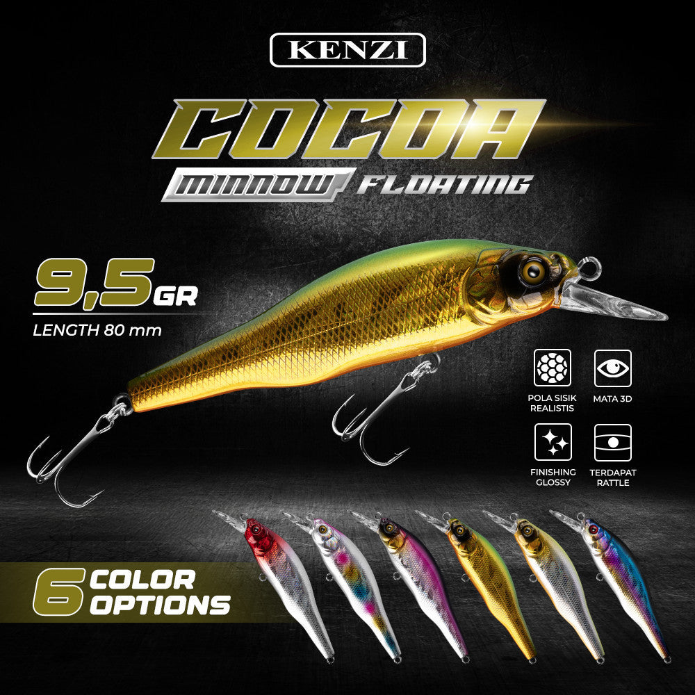 Umpan LURE KENZI COCOA 80mm 9.5gr - MINNOW FLOATING Realistik Umpan Pancing Tiruan Ikan Lures Tajam Kuat