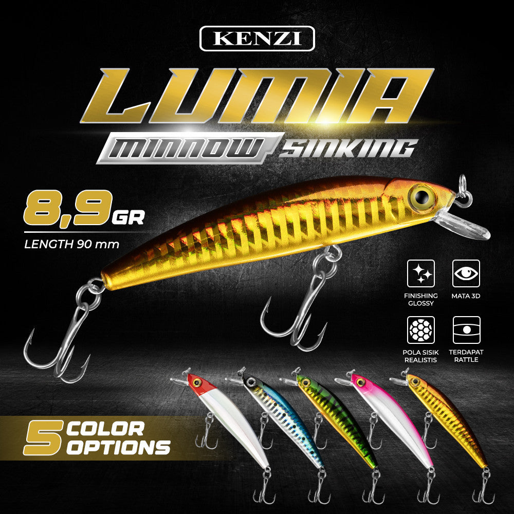 KENZI LUMIA  90mm 8.9gr - Umpan Pancing MINNOW SINKING Lure Mancing Tiruan Ikan Air Laut & Tawar Hard Bait