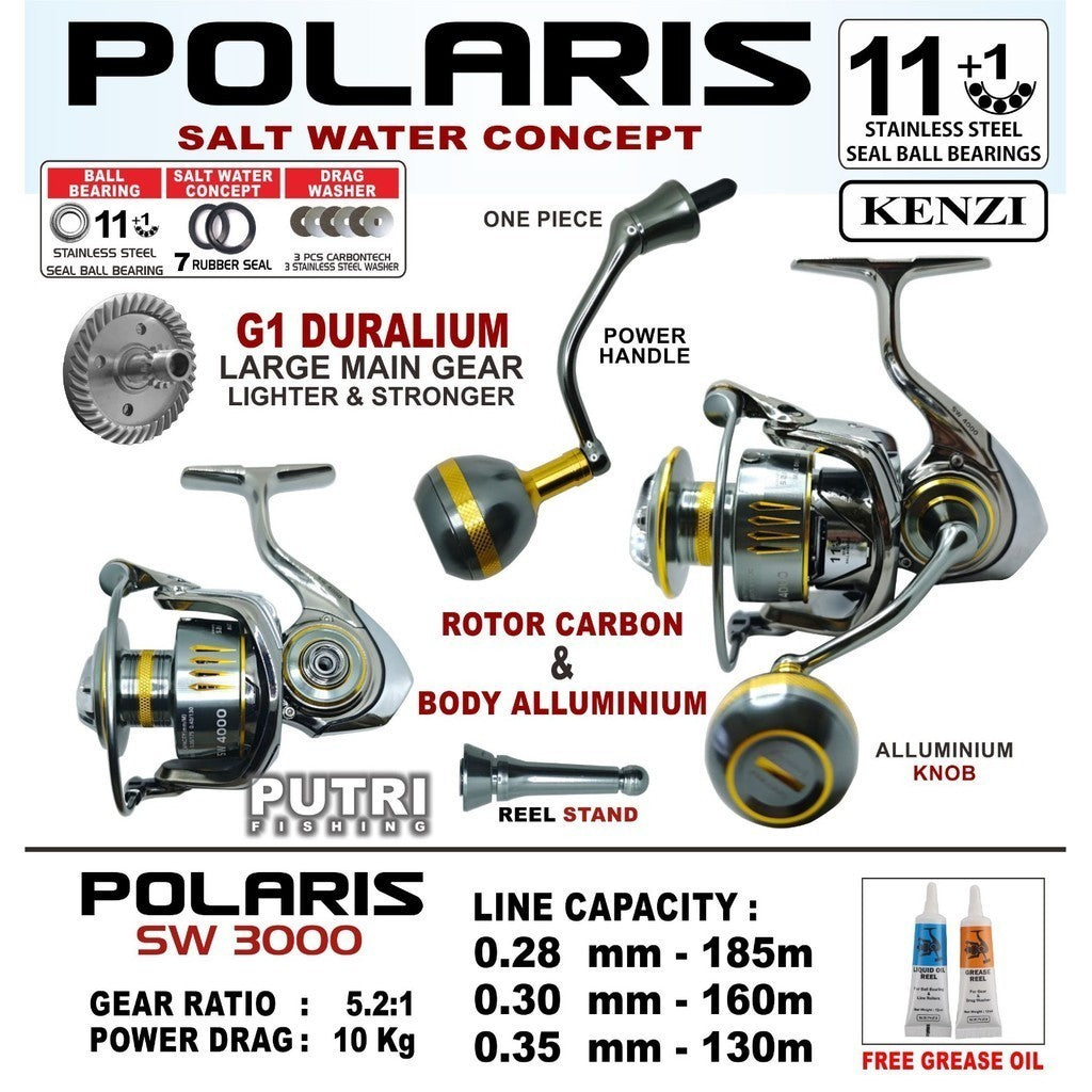 KENZI POLARIS SW G1 DURALIUM ROTOR CARBON ALLUMINIUM BODY with 11+1 Stainless Steel Ball Bearing ONE PIECE SCREW HANDLE Free Reel Stand & Grease Oil - Reel Pancing